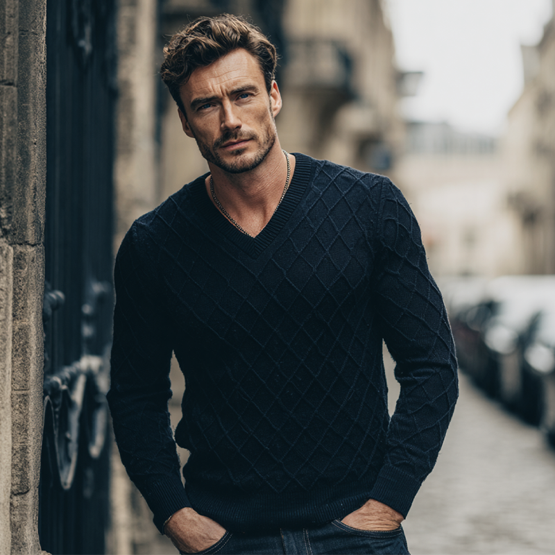 Canuck™| Solid Color Diamond Check Texture V-neck Pullover Sweater