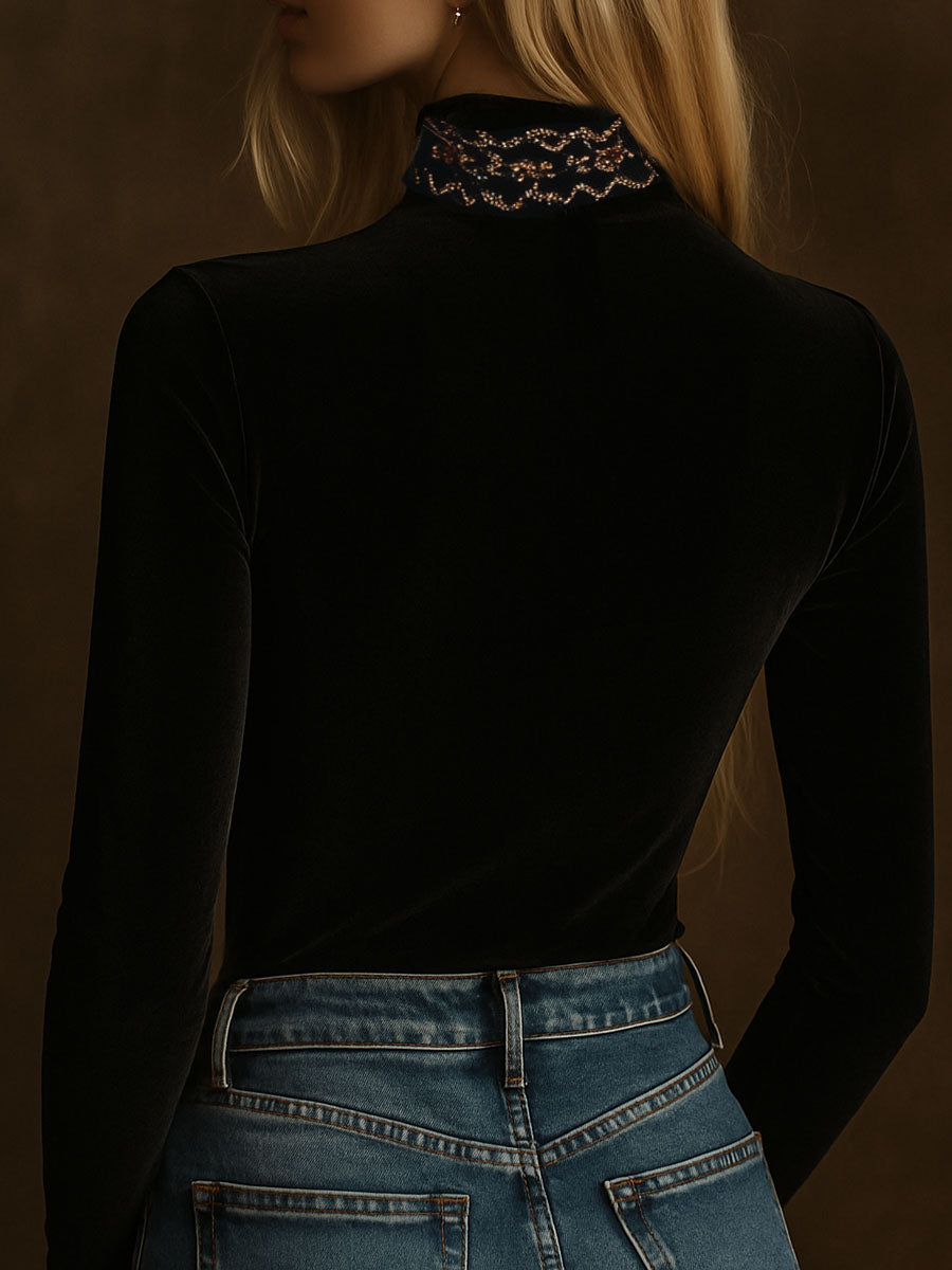 Canuck™| Elegant Turtle Neck Embroidery Velvet Long Sleeves Top