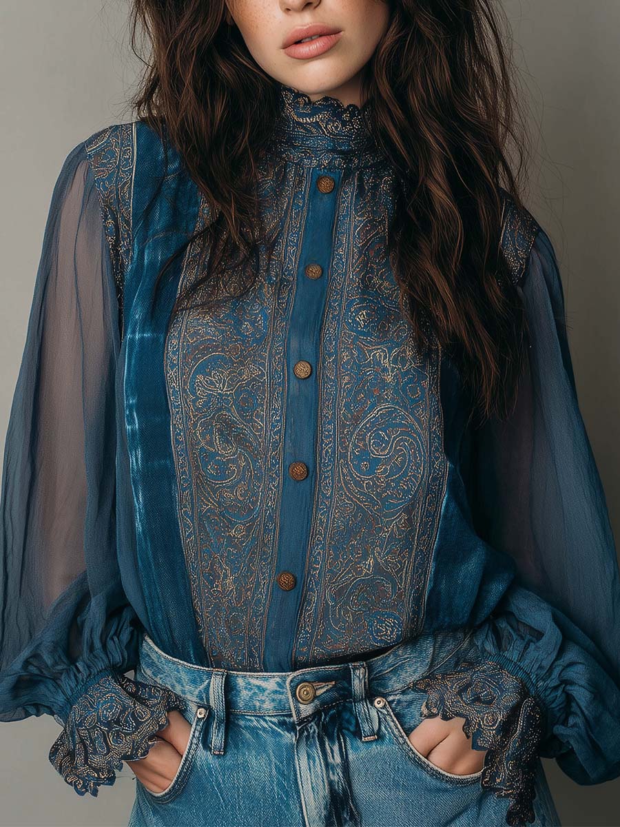 Canuck™| Vintage Bohemian Chiffon Printed Blouse With Lace Trim