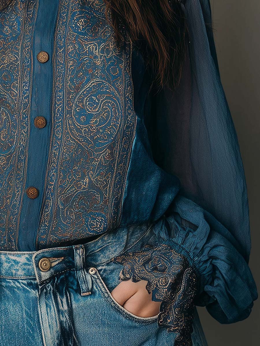 Canuck™| Vintage Bohemian Chiffon Printed Blouse With Lace Trim