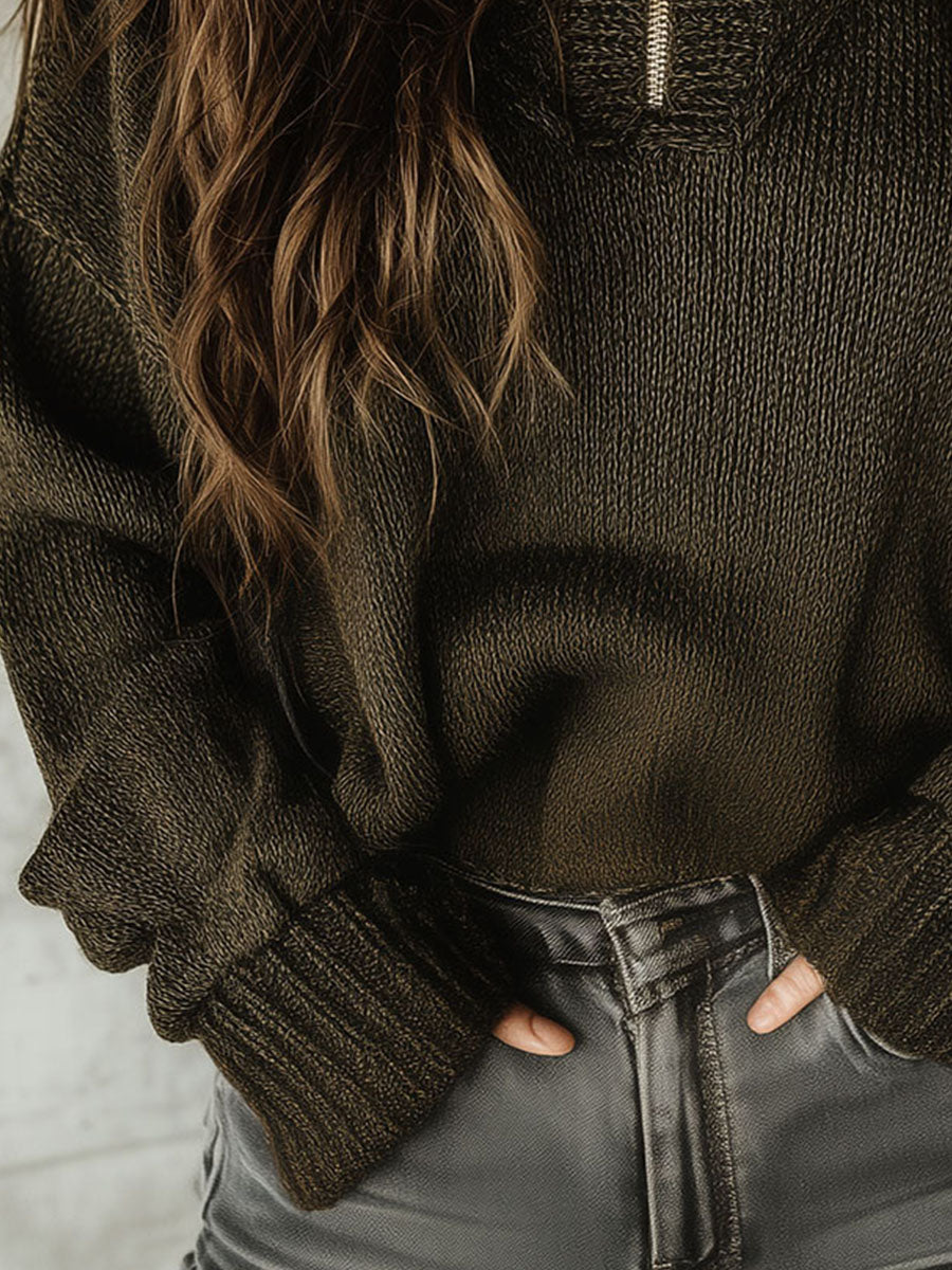 Canuck™| Casual High Collar Half-Zip Olive Green Knit Pullover Sweater