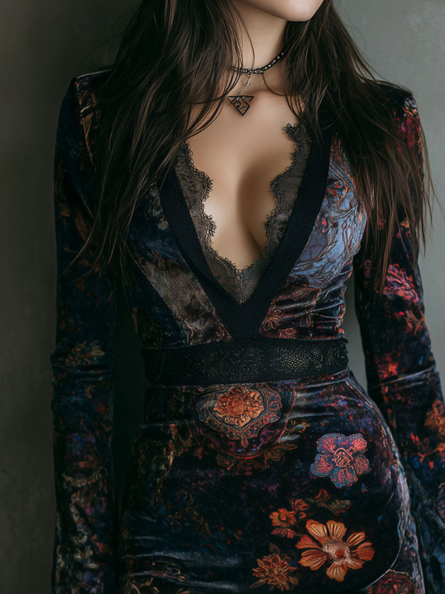 Canuck™| Boho Floral Print V-Neck Velvet Bodycon Mini Dress With Lace Trim
