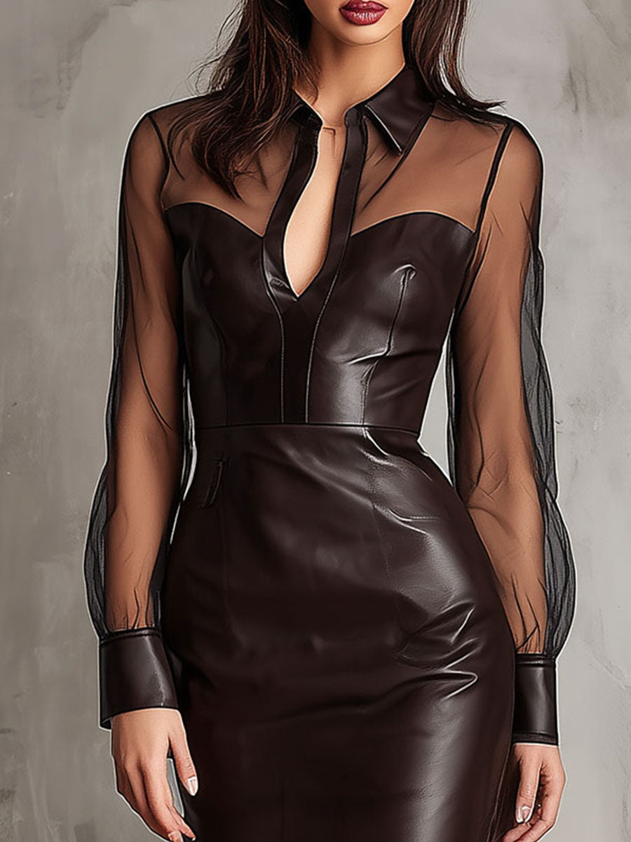 Canuck™| Elegant Sheer Mesh Sleeve Eco Leather Midi Dress