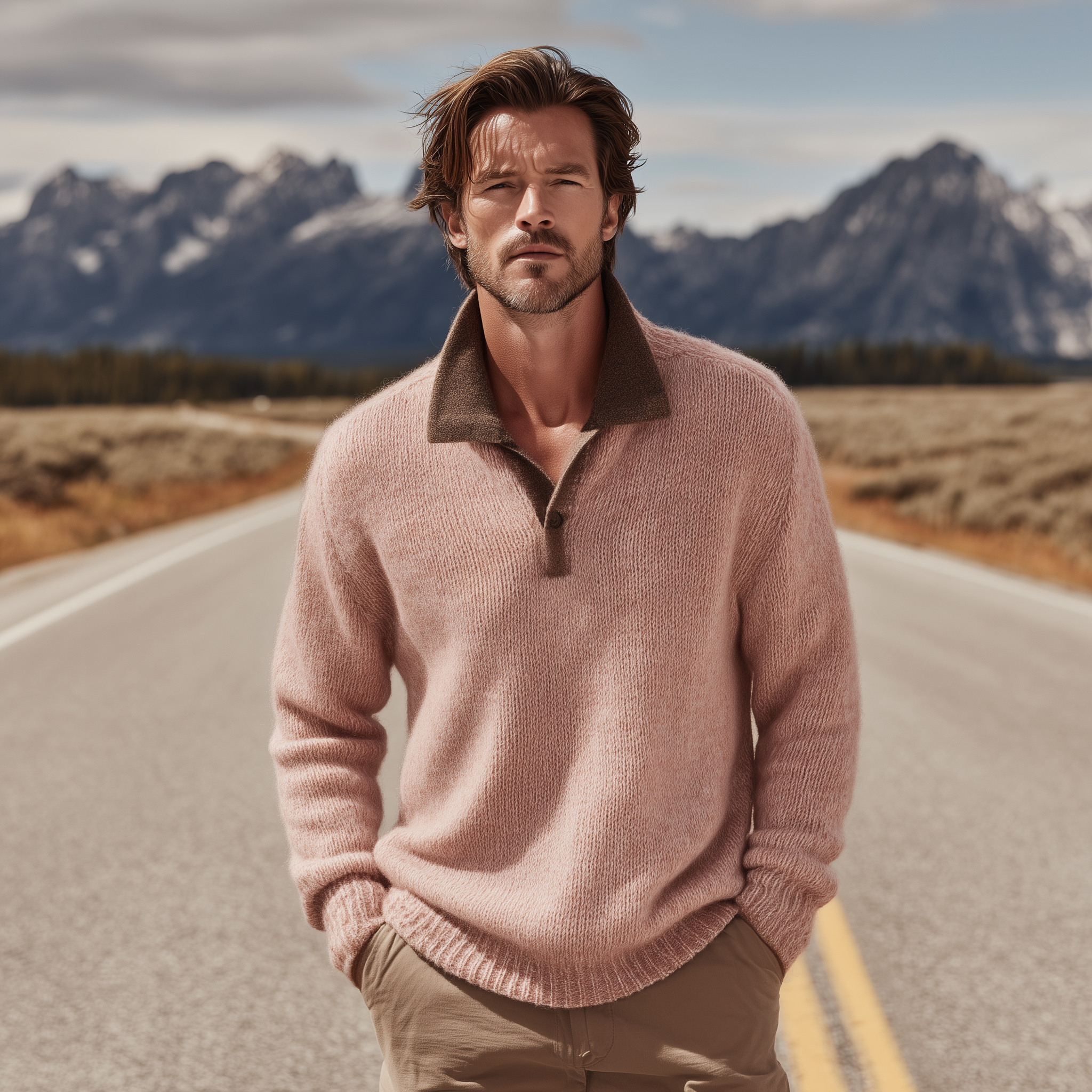 Canuck™| Classic Casual Lapel Contrast Color Pink Knit Sweater