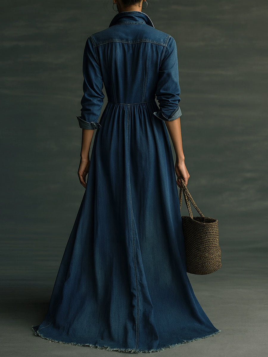 Canuck™| Stylish Stand Collar Washed Raw Hem Maxi Dress
