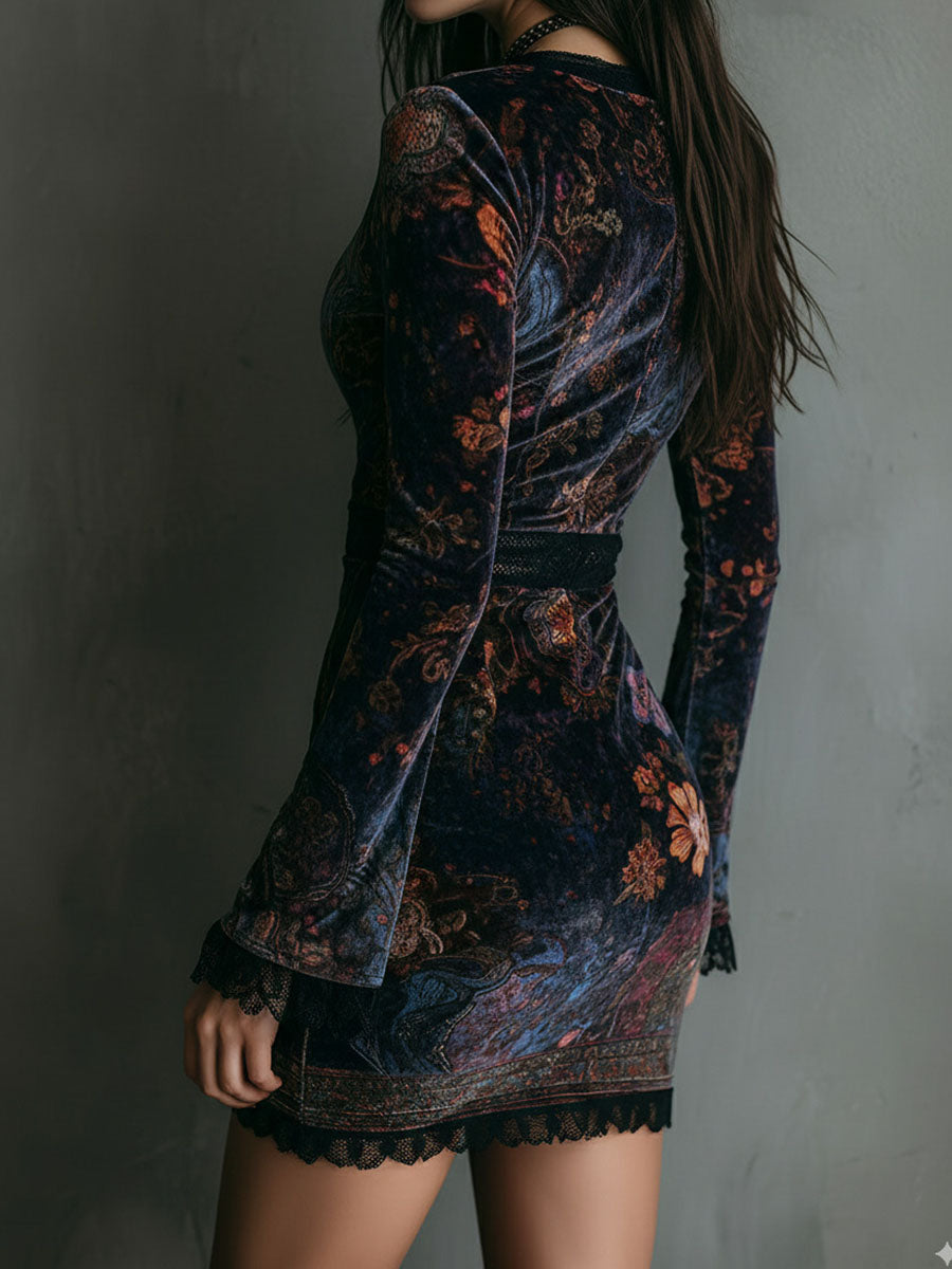 Canuck™| Boho Floral Print V-Neck Velvet Bodycon Mini Dress With Lace Trim