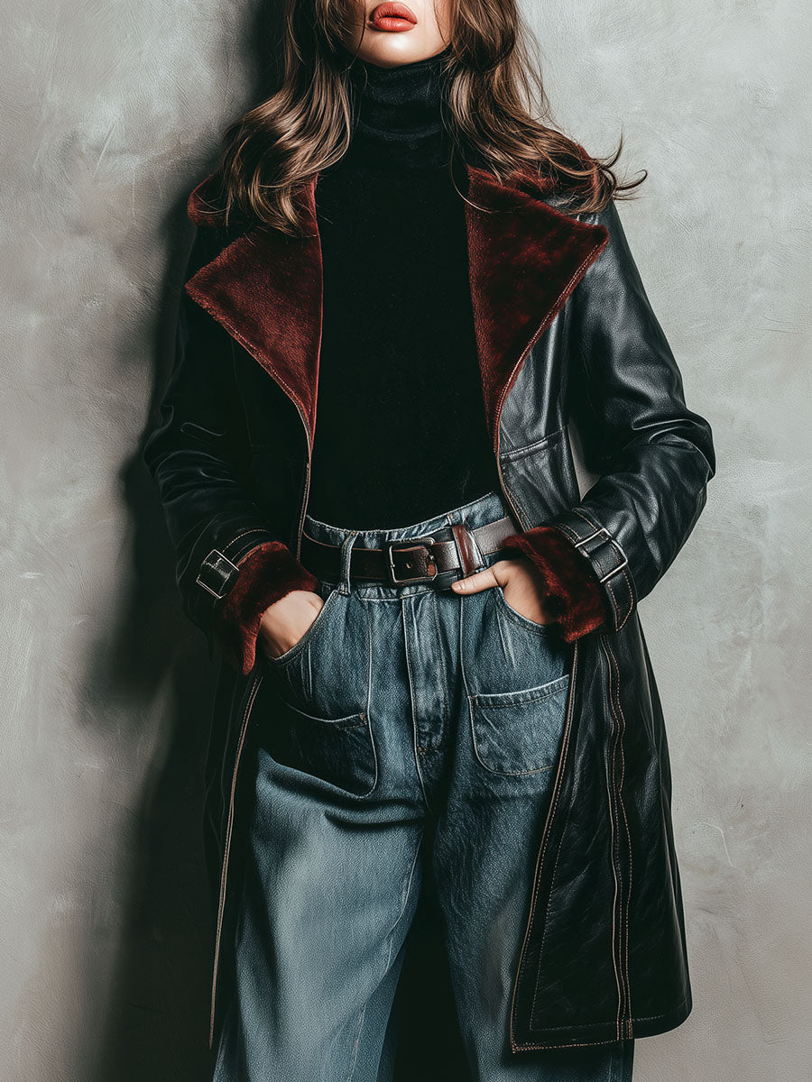 Canuck™| Retro Black Eco Leather & Burgundy Shearling Lining Coat With Buckle Cuffs