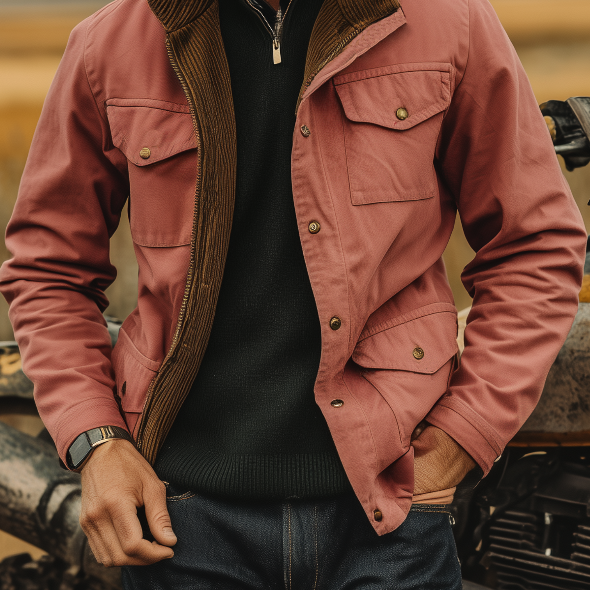 Canuck™| Classic Western Retro Style Stand Collar Multi-pocket Zipper Pink Cotton Blend Jacket