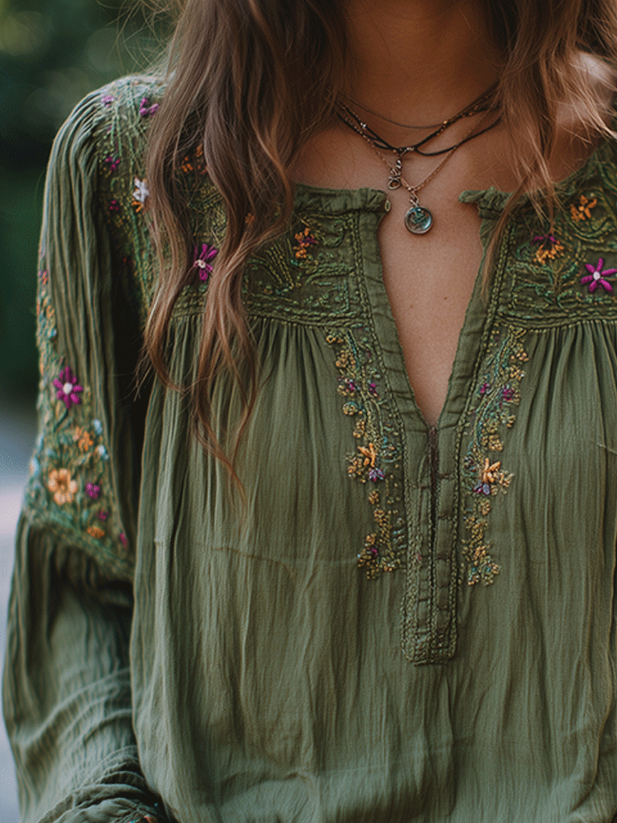 Canuck™| Bohe Floral Embroidered Cotton Olive Green Shirt