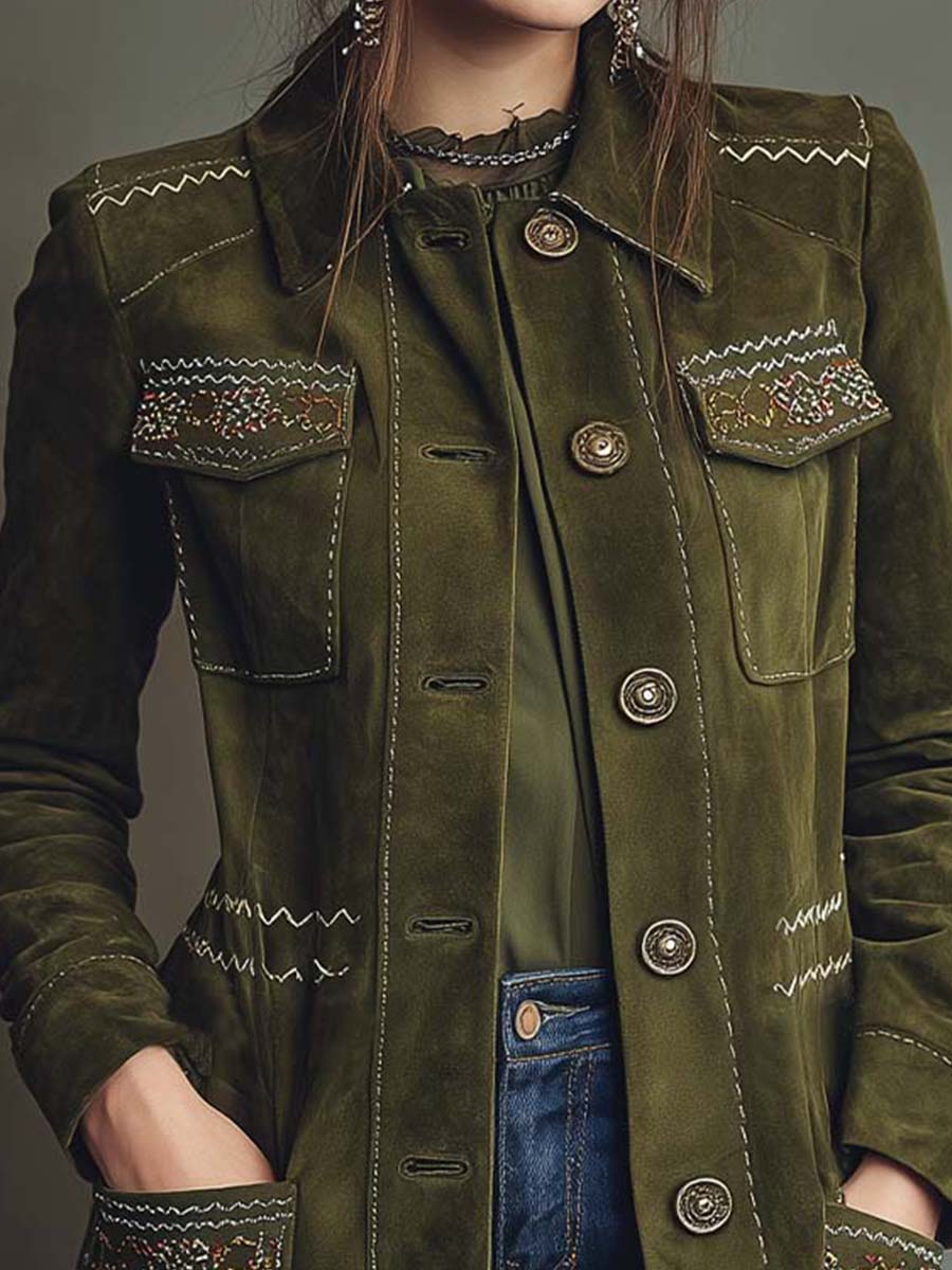 Canuck™| Olive Green Embroidered Suede Longline Coat