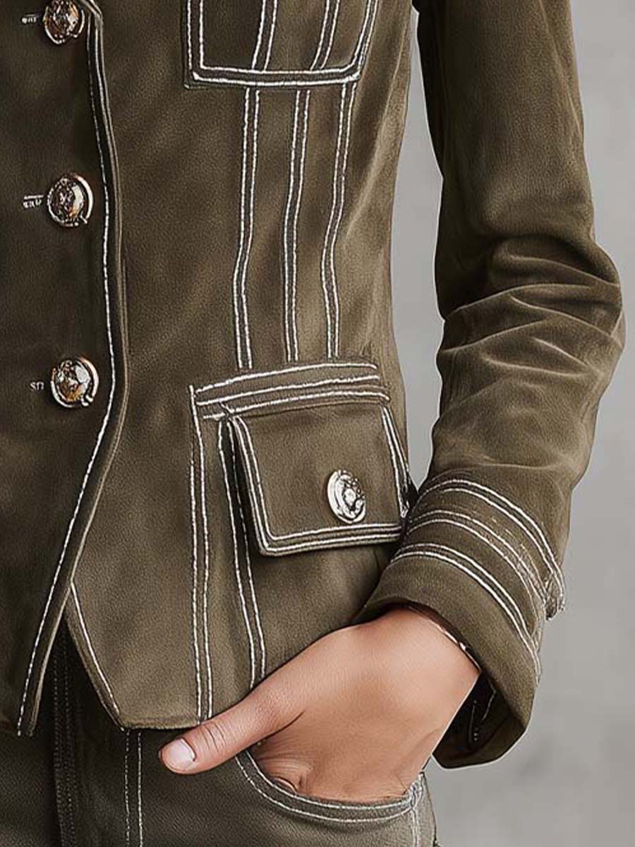 Canuck™| Olive Green Suede Tailored Jacket With Contrast Stitching