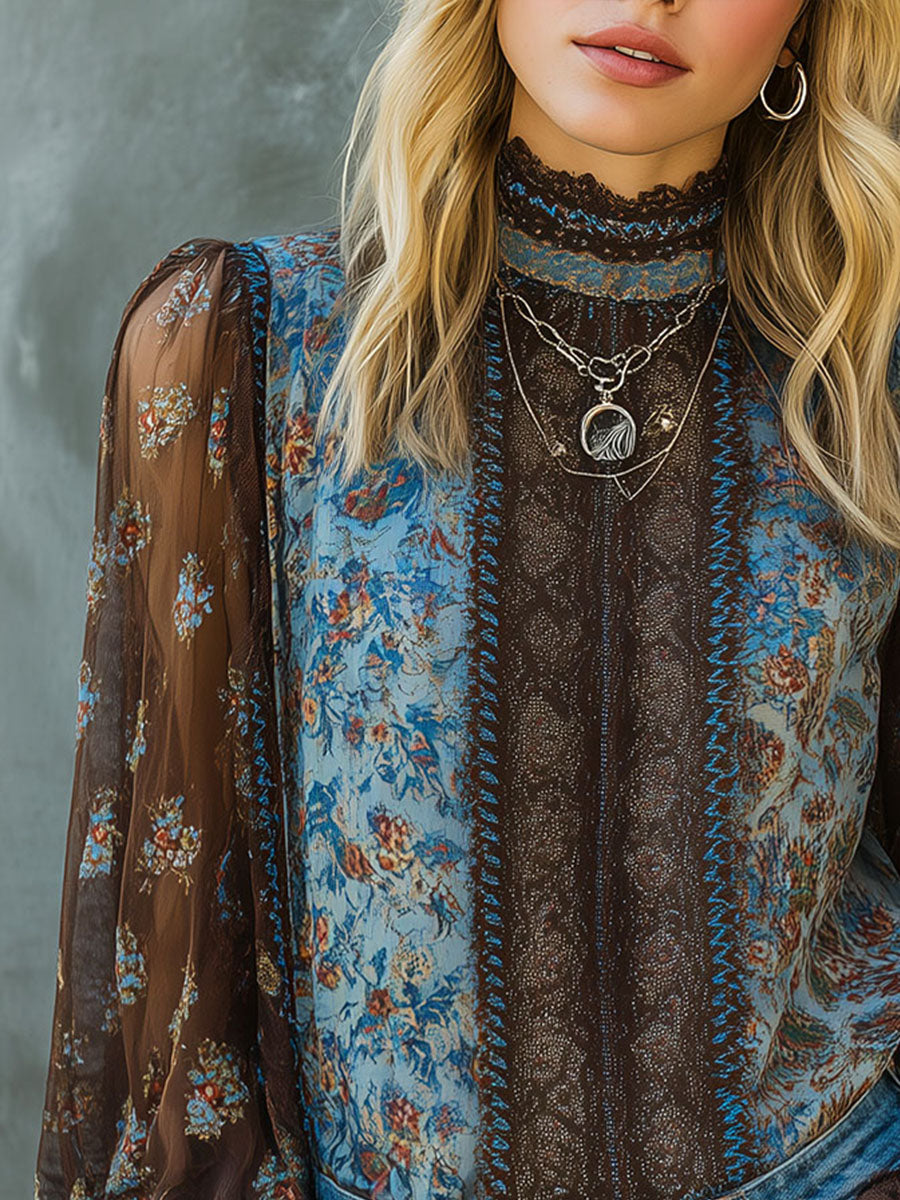 Canuck™| Vintage Boho Floral High Neck Sheer Lace Blouse With Puff Sleeve