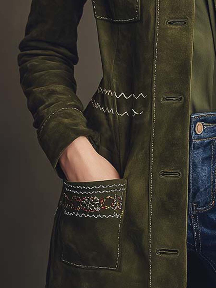 Canuck™| Olive Green Embroidered Suede Longline Coat