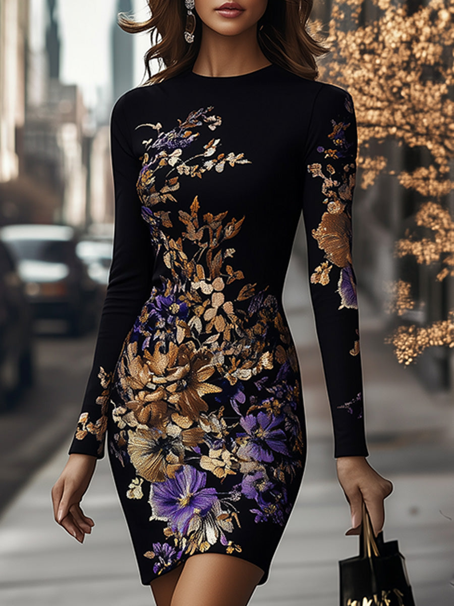 Canuck™| Elegant Round Neck Floral Long Sleeve Bodycon Dress