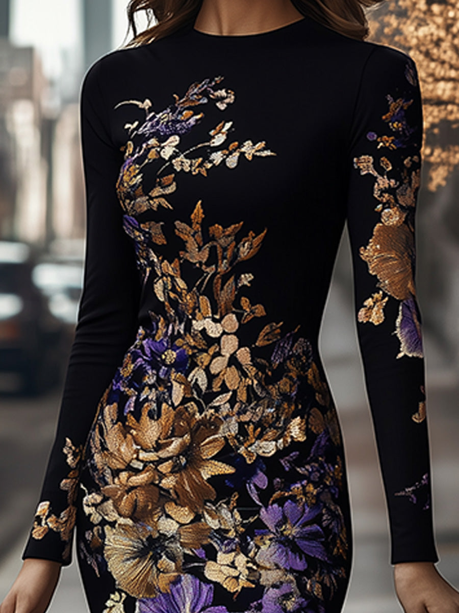 Canuck™| Elegant Round Neck Floral Long Sleeve Bodycon Dress