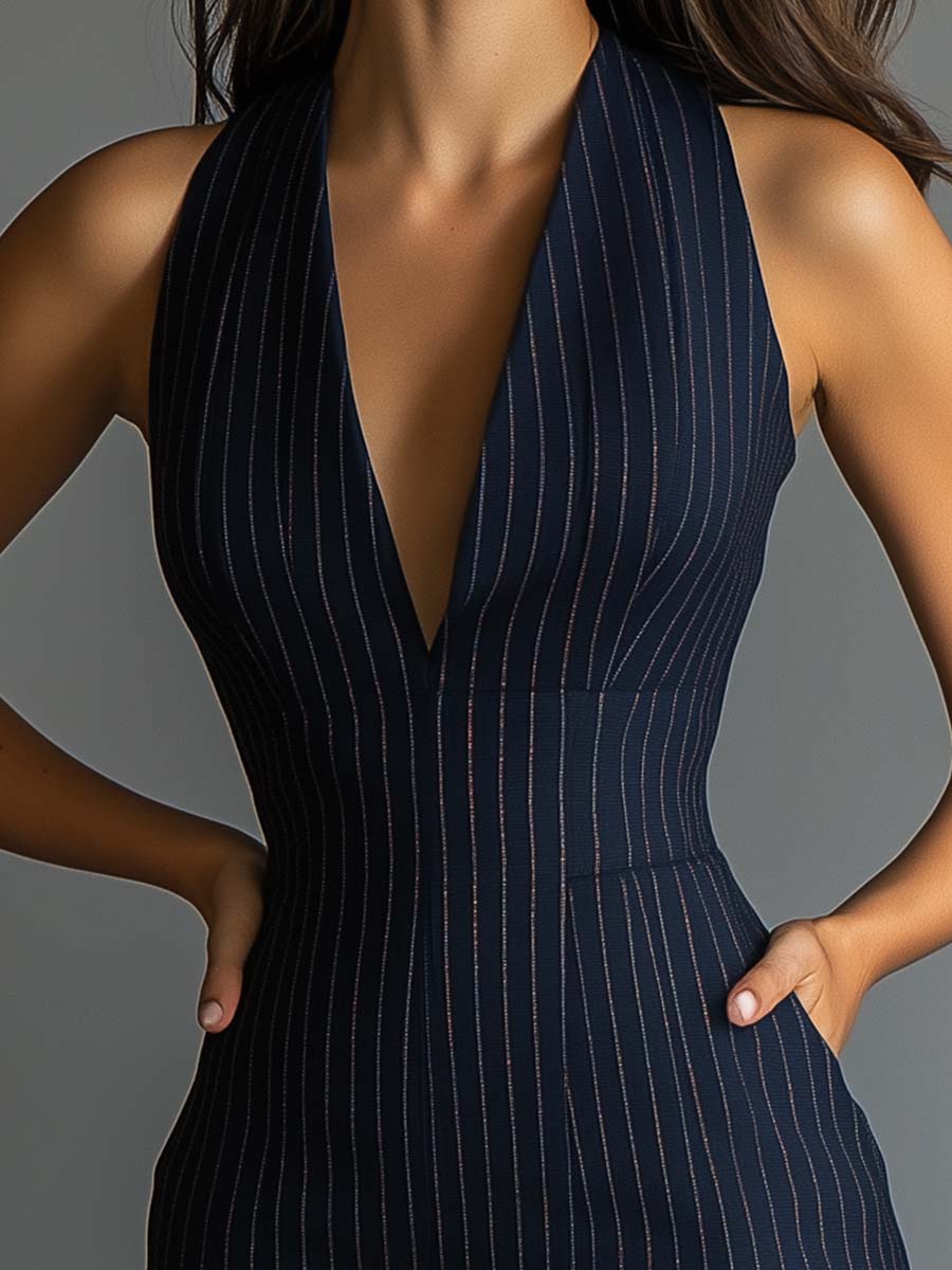 Canuck™| Halter Pinstripe V - neck Bodycon Dress