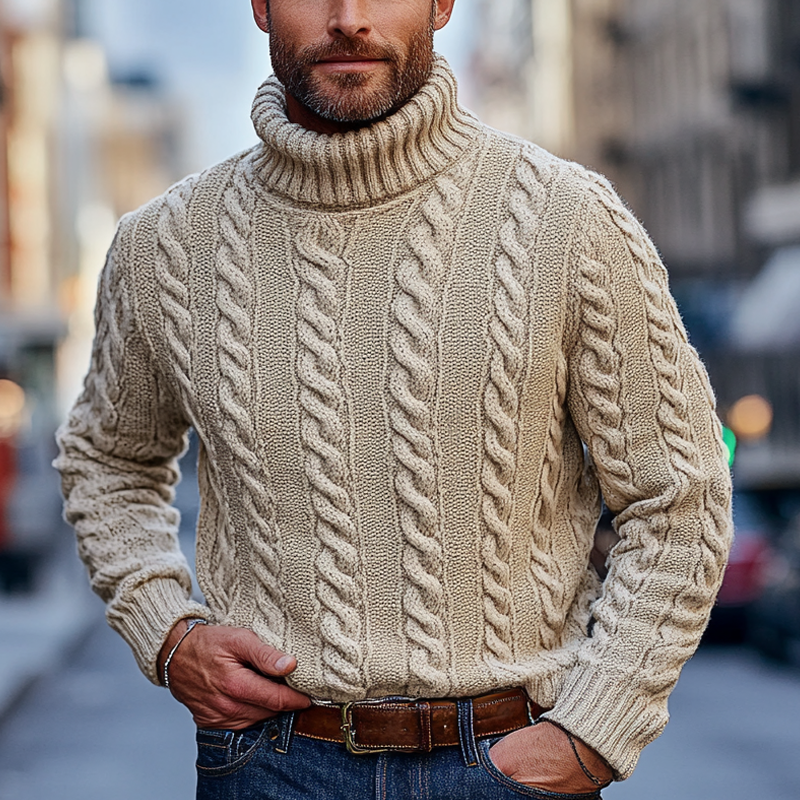 Canuck™| Solid Color Casual Cable-knit Turtleneck Pullover Sweater
