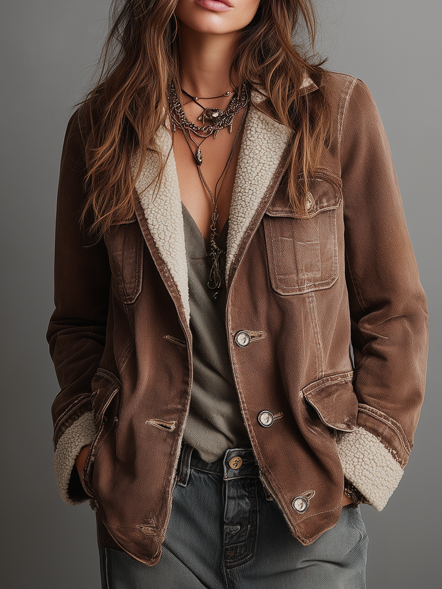 Canuck™| Retro Multi-pocket Faux Sherpa Lined Denim Coat