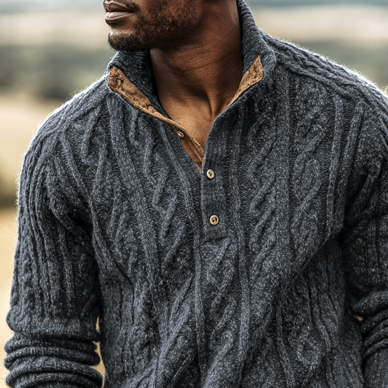 Canuck™| Solid Cable Knit Henley Collar Long Sleeve Sweater