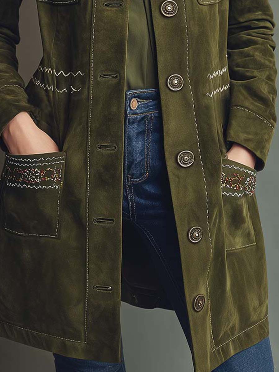 Canuck™| Olive Green Embroidered Suede Longline Coat