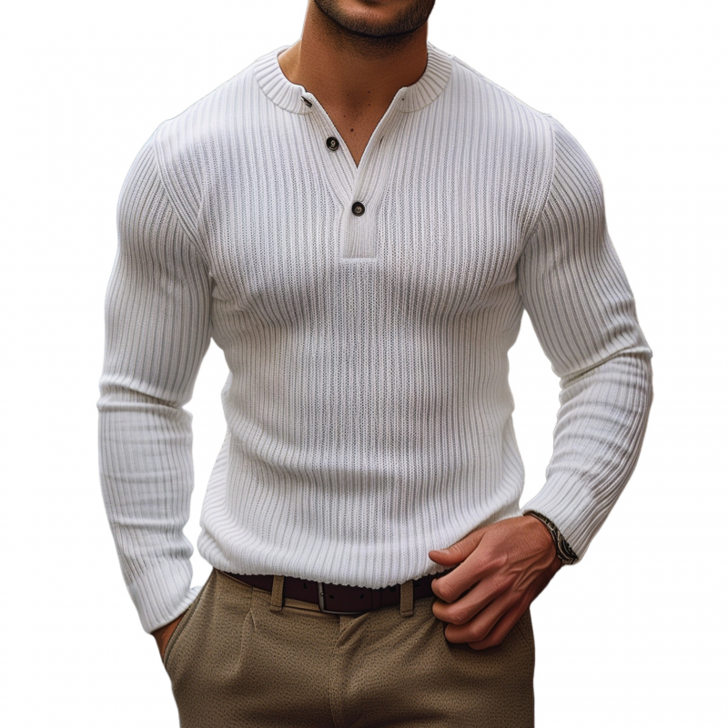 Canuck™| Casual Solid Color Henley Collar Slim Fit Knit Long Sleeve Pullover Sweater