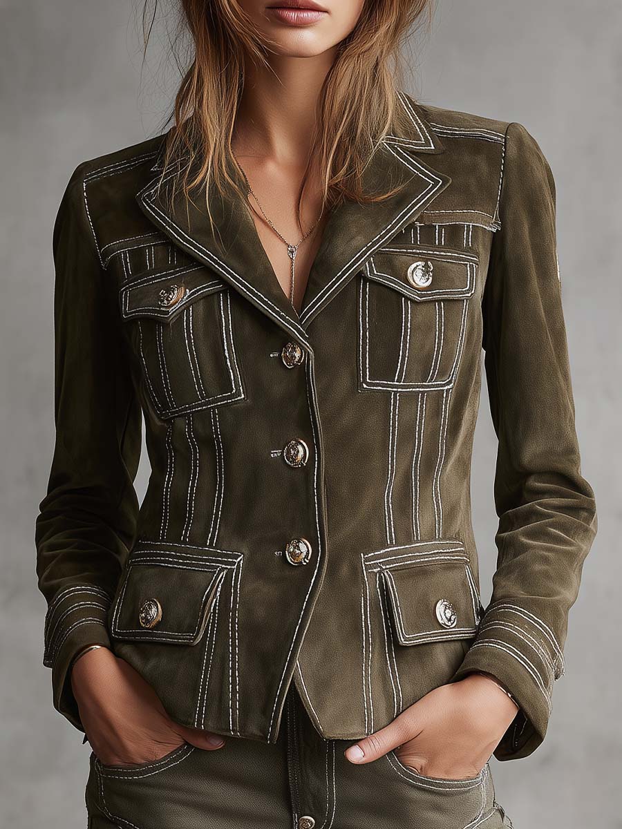 Canuck™| Olive Green Suede Tailored Jacket With Contrast Stitching