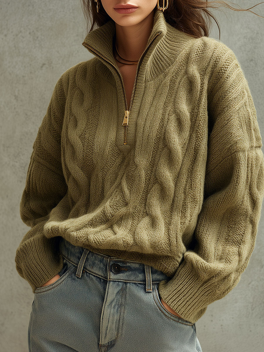 Canuck™| Quiet Luxury Olive Green High Collar Cable Knit Half-Zip Sweater