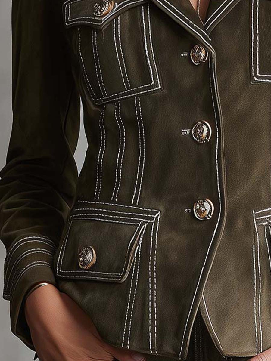 Canuck™| Olive Green Suede Tailored Jacket With Contrast Stitching