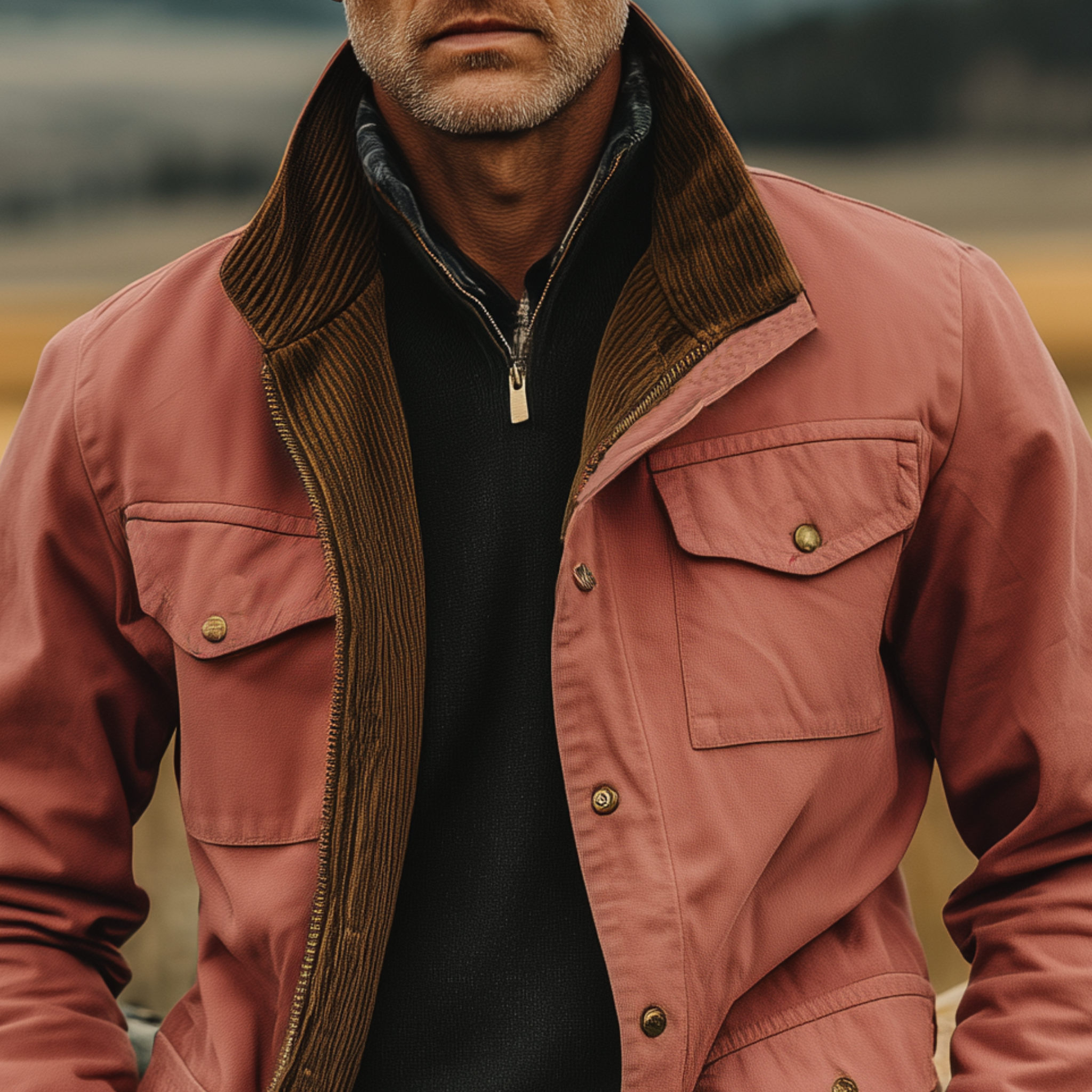 Canuck™| Classic Western Retro Style Stand Collar Multi-pocket Zipper Pink Cotton Blend Jacket