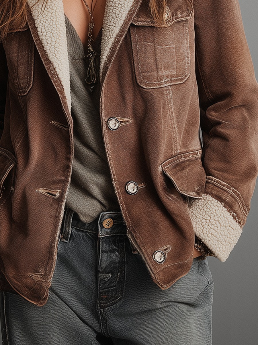 Canuck™| Retro Multi-pocket Faux Sherpa Lined Denim Coat