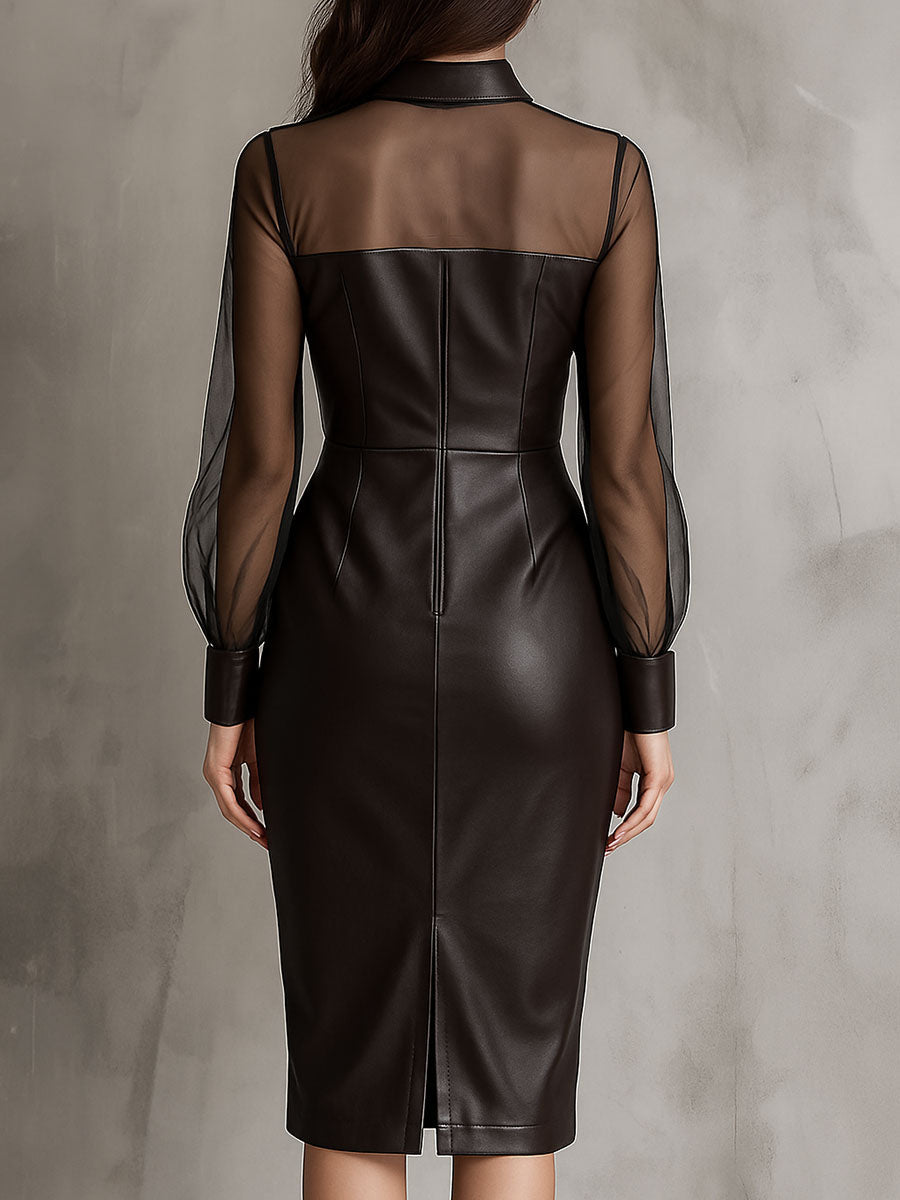 Canuck™| Elegant Sheer Mesh Sleeve Eco Leather Midi Dress