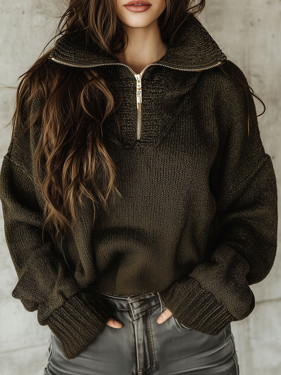 Canuck™| Casual High Collar Half-Zip Olive Green Knit Pullover Sweater