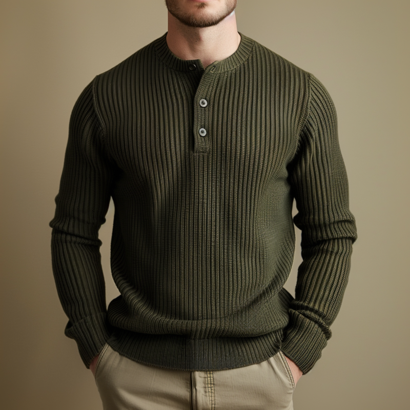Canuck™| Casual Solid Color Henley Collar Slim Fit Knit Long Sleeve Pullover Sweater