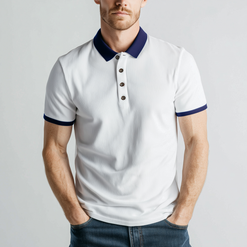 Canuck™| Casual Cotton Blend Colorblock Ribbed Lapel Slim Fit Short Sleeve Polo Shirt