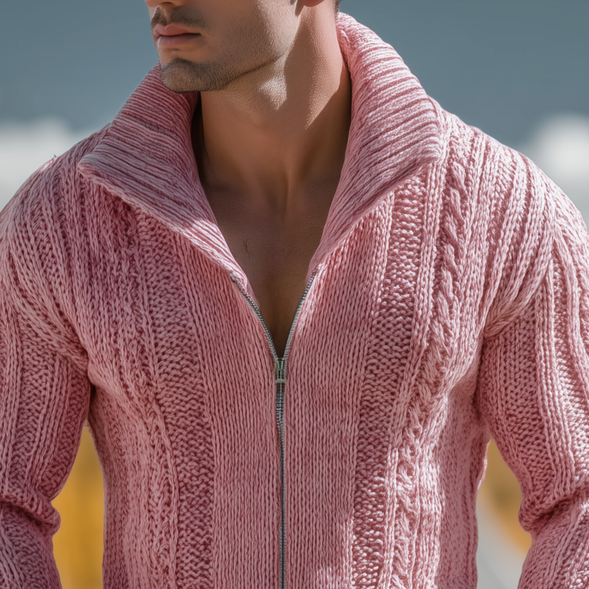 Canuck™| Classic Casual Western Tough Style Stand Collar Zipper Slim Pink Knit Cardigan