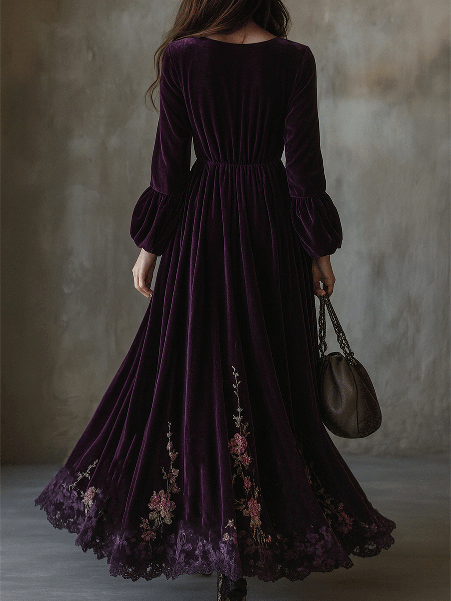 Canuck™| Vintage Floral Embroidered Velvet Maxi Dress