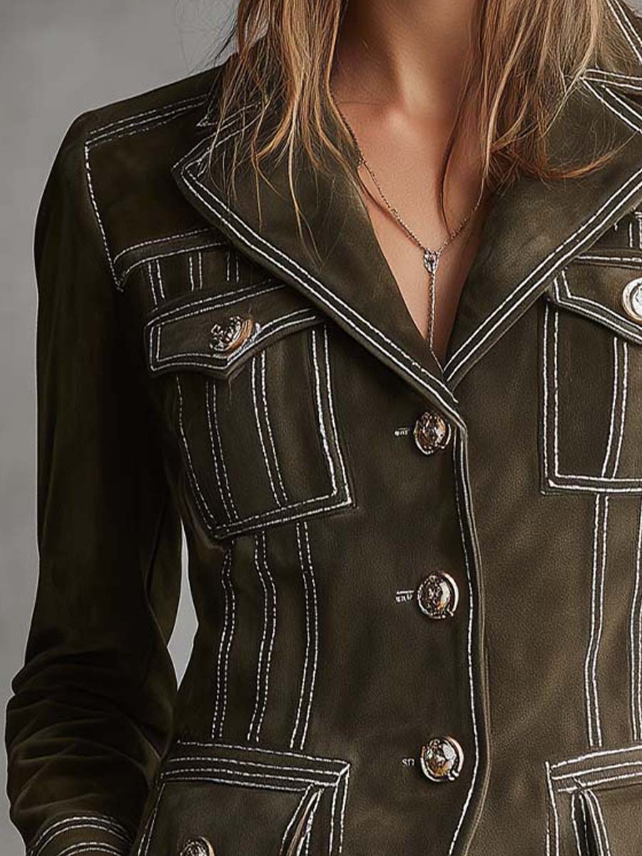Canuck™| Olive Green Suede Tailored Jacket With Contrast Stitching