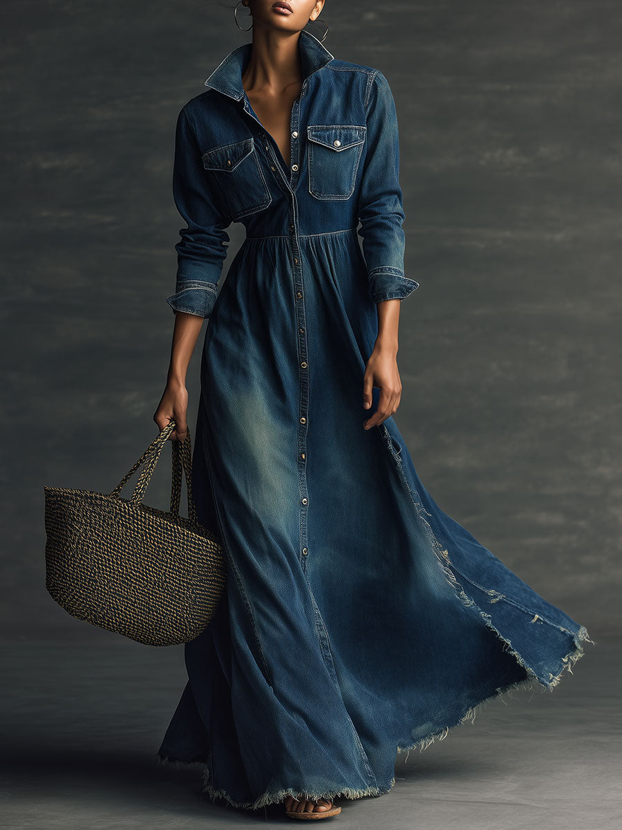 Canuck™| Stylish Stand Collar Washed Raw Hem Maxi Dress