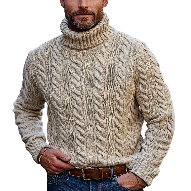 Canuck™| Solid Color Casual Cable-knit Turtleneck Pullover Sweater