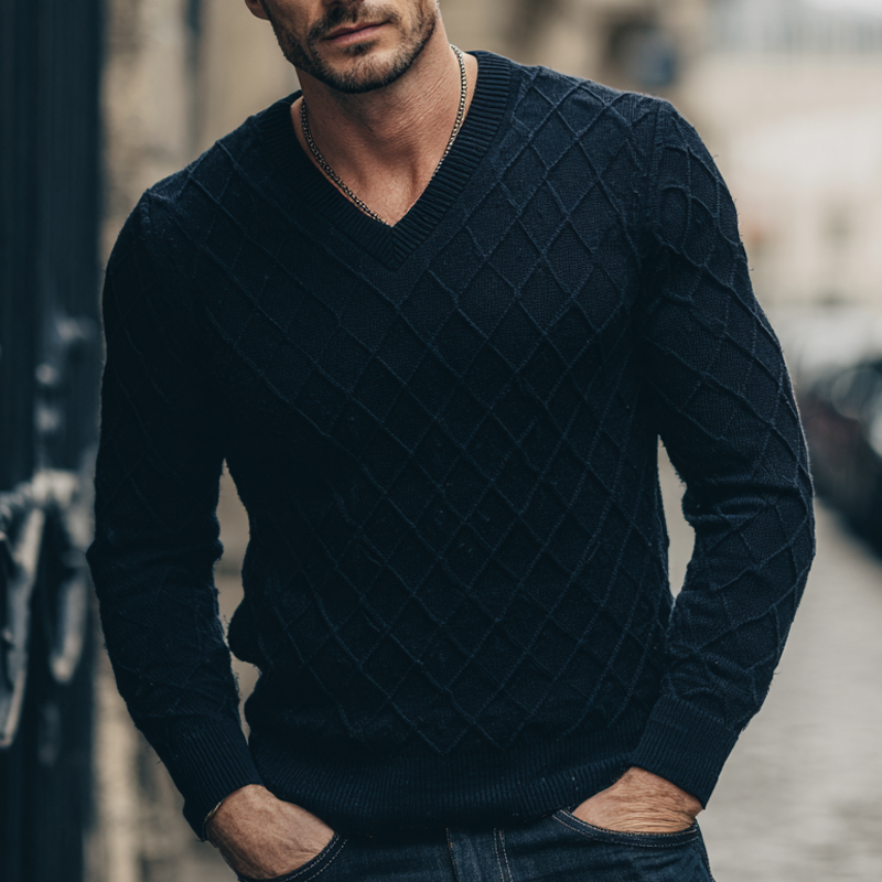 Canuck™| Solid Color Diamond Check Texture V-neck Pullover Sweater