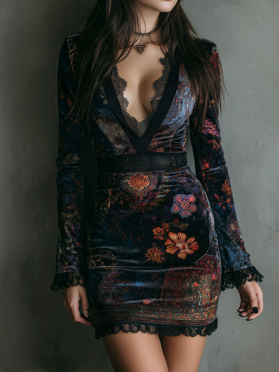 Canuck™| Boho Floral Print V-Neck Velvet Bodycon Mini Dress With Lace Trim