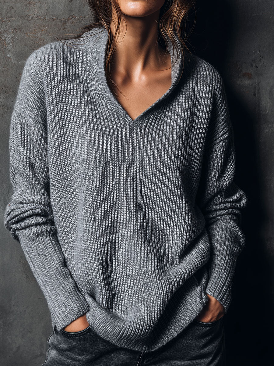 Canuck™| Cozy Grey Stand V-Neck Relaxed Fit Knit Pullover Sweater