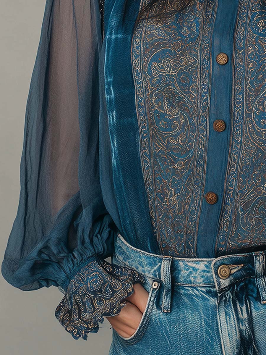 Canuck™| Vintage Bohemian Chiffon Printed Blouse With Lace Trim