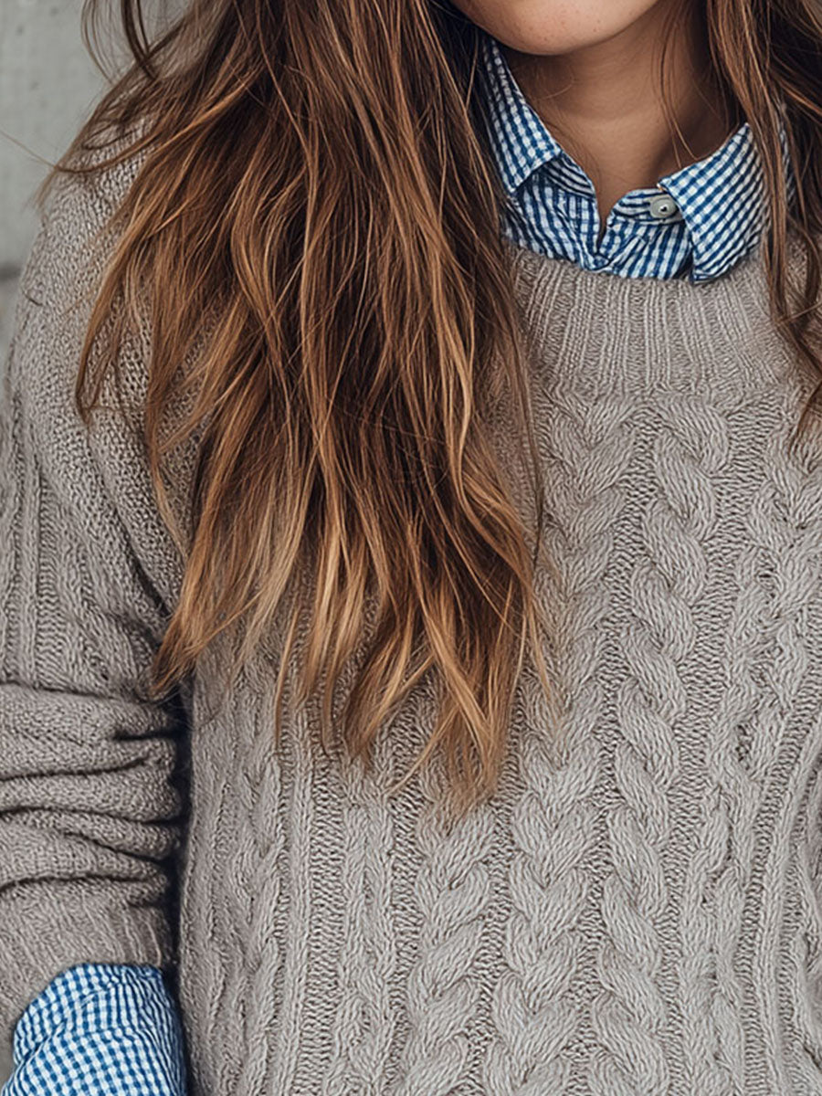 Canuck™| Classic Crewneck Taupe Cable Knit Pullover Sweater