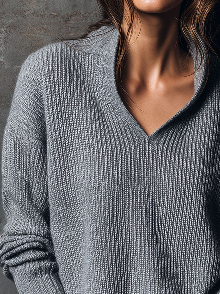 Canuck™| Cozy Grey Stand V-Neck Relaxed Fit Knit Pullover Sweater