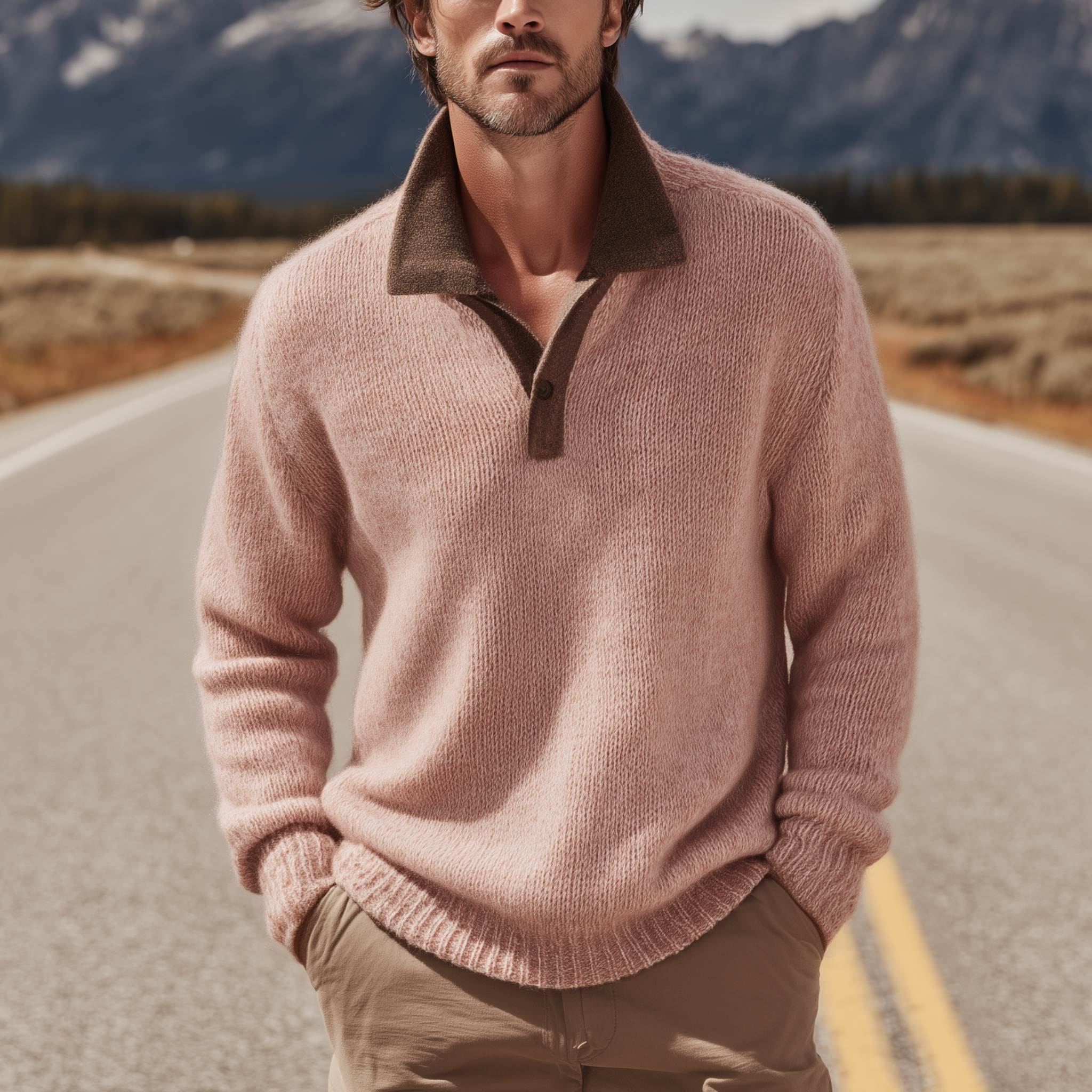 Canuck™| Classic Casual Lapel Contrast Color Pink Knit Sweater