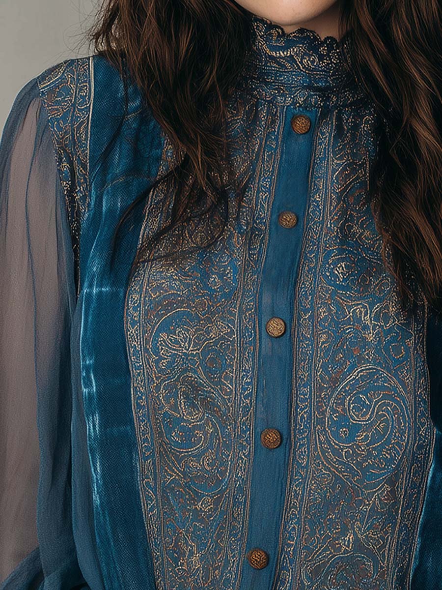 Canuck™| Vintage Bohemian Chiffon Printed Blouse With Lace Trim