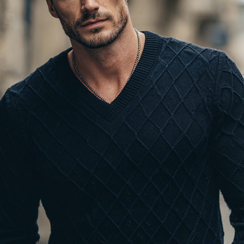 Canuck™| Solid Color Diamond Check Texture V-neck Pullover Sweater