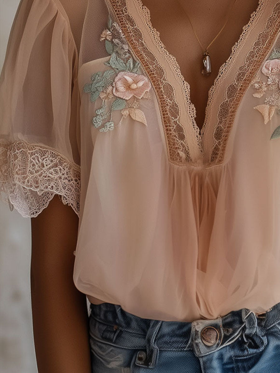 Canuck™| Boho Floral Embroidered Chiffon Blouse