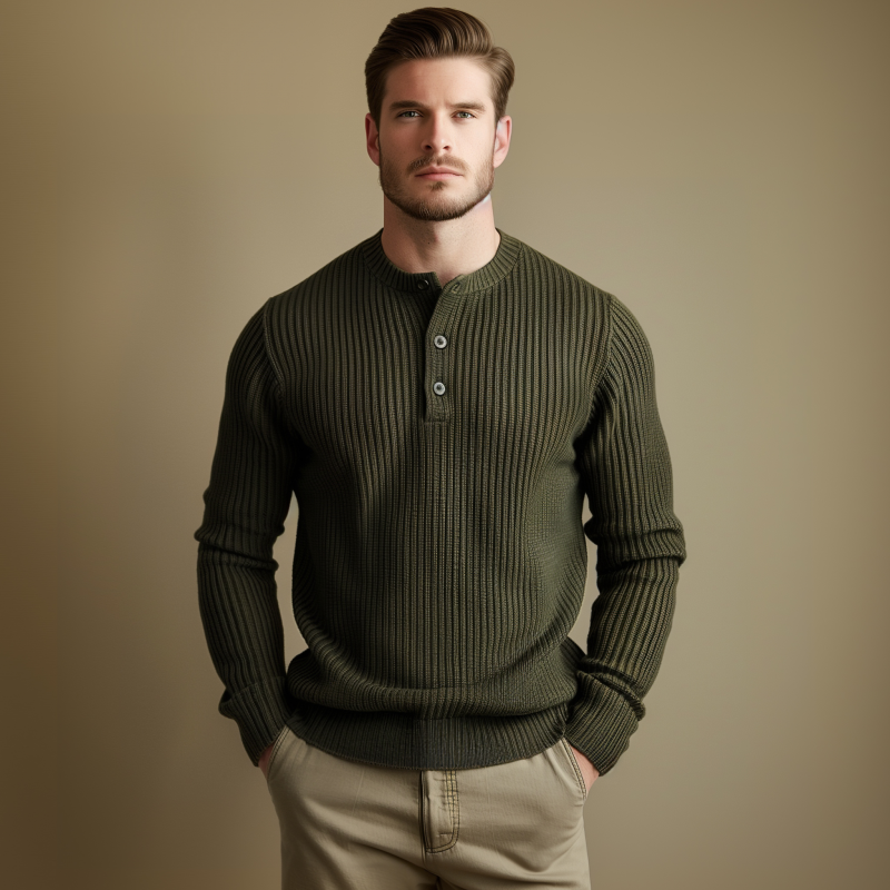 Canuck™| Casual Solid Color Henley Collar Slim Fit Knit Long Sleeve Pullover Sweater